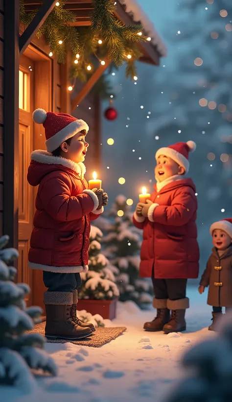  general plan ,(( Masterpiece,  of the highest quality ,  maximum image quality ,  high resolution , photorealistic ,  RAW photo,  extremely detailed unified CG wallpaper 8k )),  ren cheer at a neighbors door singing carols,  with warm clothes and Santa Cl...