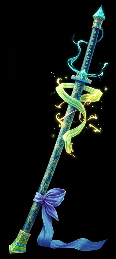 Long sheathed katana with ribbon tied on the sheath, covered in rainbow batik pattern and glowing rgb runes