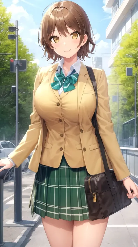 masterpiece, best quality, high quality, girl, solo, looking at viewer, youto_yokodera, brown hair, brown eyes, large breasts, school uniform, green bowtie, blazer, yellow jacket, long sleeves, plaid skirt, green skirt, standing, cowboy shot, outdoors, smi...