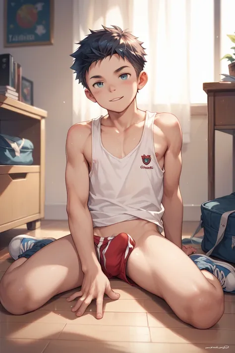  in his room wearing loose trunks and tank top and sitting with his crotch open on the floor、Male junior high school student with his dick visible through a gap in his trunk 