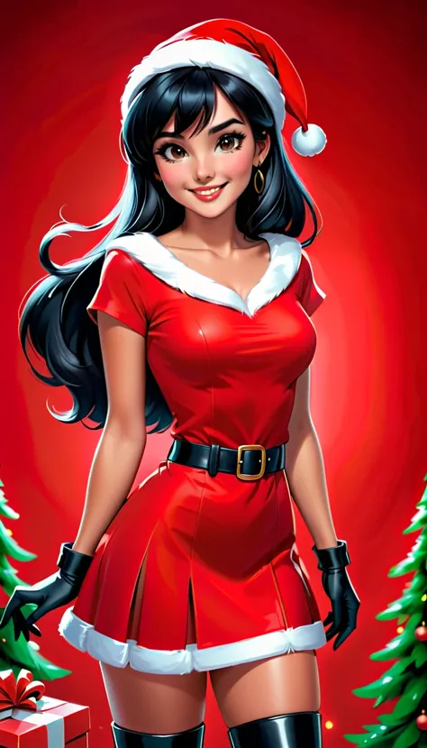 Best quality, acrylic illustration in realistic style, a beautiful woman, 35 years-old,  with black straight long hair and bangs, make up, lashes, smiling, she is wearing santa claus red mini dress, belt, red leather gloves, brown tights, over-the-knees bl...