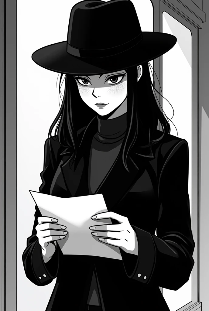 Tell me Sofia the detective who wears a black coat and a black hat and who isnt so young that she looks 25 and has long black hair without glasses reading an anonymous letter and that she is looking at the letter not forward in a black and white comic styl...