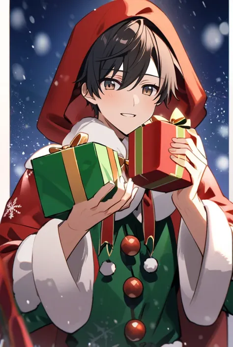 A teenage anime couple,  One with red hair with emerald green eyes, with Christmas clothes ,  A boy with black hair and brown eyes  , With Christmas clothes, half of the body , Avore Christmas background a Snowing Blue Sky , holding present,  looking at th...