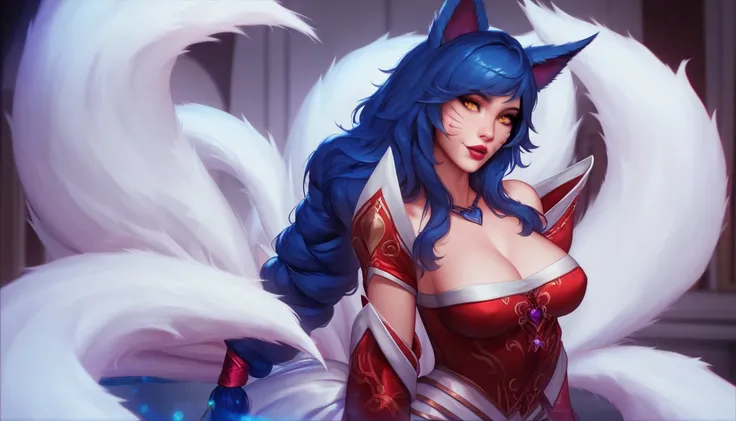 Ahri League of Legends against the backdrop of a stutter ,  high quality , bright colors,  fantasy style , Art 3D,  High detail, erotica,  masterpiece fails, 18+ Drawn body, face, Hands,  high definition , 2k, erotica в полный рост на фоне белоснежного фэн...