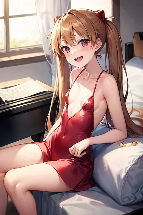 (( top quality)), ((masterpiece)), (be familiar with),  perfect face, indoor, bedroom,  watching viewers,
One woman,  Soryu Asuka Langley,
 open mouth,  ecstatic expression beside the piano, blush, smile,
 small tits,  flat chested, Young girl, Lori,  s,  ...