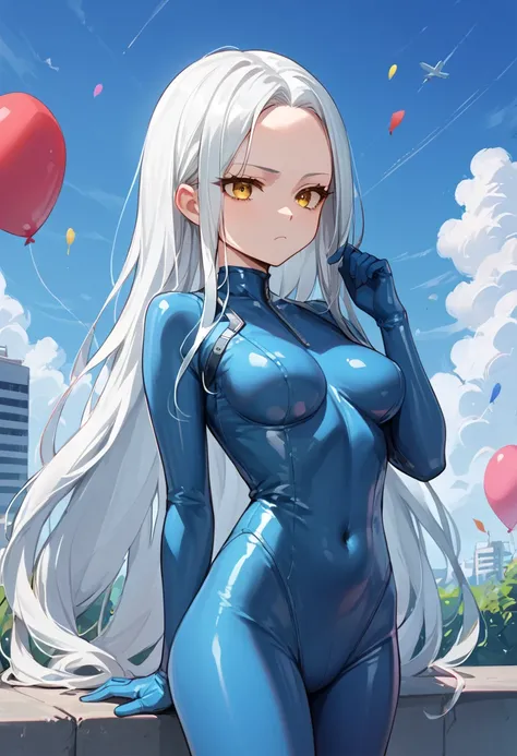 score_9_up, score_8_up, score_7_up, solo, source_anime, 1girl BREAK 

White hair, very long hair, forehead, yellow eyes, medium breasts, latex suit, blue bodysuit BREAK 

Outdoors, bored face, standing, balloons, background sky, blue sky BREAK 