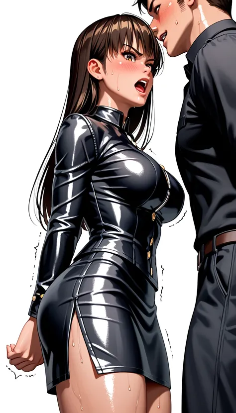 DOALeiFang, LeiFangDOA, gasp, {{{1 girl and 1 male}}}, {{{{ Man holding girls thighs }}}}, shiny black leather tight long skirt with side slit, shiny white business shirt, arm-behind-back, {{ and bend your body backwards }}, OL, be breathless, sweat, spark...