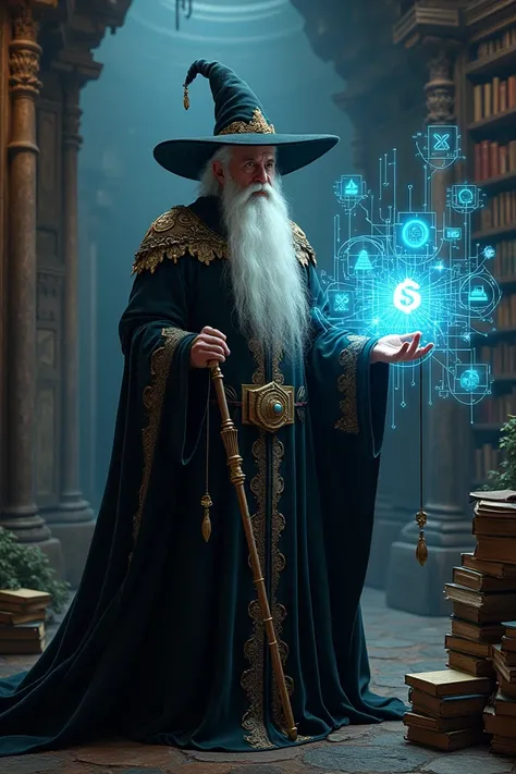 Genera una imagen de un digital sorcerer  de confianza que combine elementos mágicos y tecnológicos. Visualízalo como un individuo de aspecto sabio y mysteryso,  with a long white beard and a black robe with gold details . In his right hand, sostiene una v...