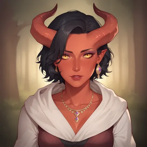 (((beautiful, high quality, comics style, detailed face))), score_9, score_8_up, score_7_up, BREAK, 1beautiful female gypsy, Tiefling, pointed ears, horns, red skin, makeup, black hair, short hair, medium breast, ((jewelry)), wearing intricate clothes, sha...
