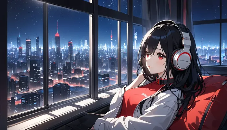  top quality, long black haired girl wearing a red collar, headphones , relax ,In front of a large window,Night City, starry sky 