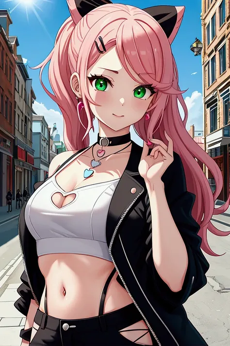 Image is a digital illustration featuring a stylized anime character with long, wavy pink hair adorned with a red hairpin and black bows. The character has fair skin and striking green eyes, with a confident expression. She is wearing a black and white out...