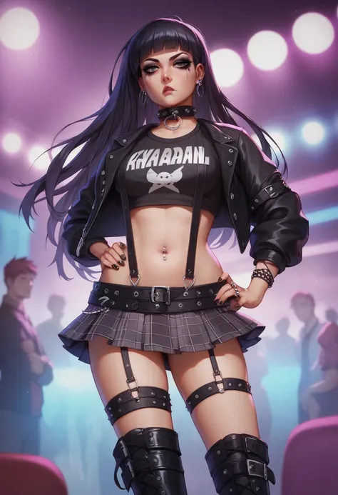 style anime a beautiful,  solo 1 girl , gothic tennager ,desdém bored face , very long black  hair, smudged black makeup , collar ,  black t-shirt with a large neckline , open black  jacket dark , belly button piercing, with several belts, sexy gothic styl...