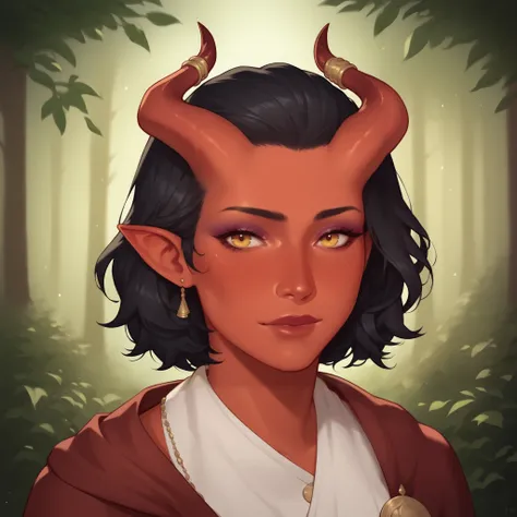 (((beautiful, high quality, comics style, detailed face))), score_9, score_8_up, score_7_up, BREAK, 1beautiful female gypsy, Tiefling, pointed ears, horns, red skin, makeup, black hair, short hair, medium breast, ((jewelry)), wearing intricate clothes, sha...