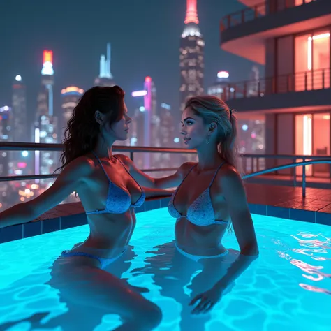 brunette 21 years old softly curly girl swiming at swimming pool at the balcony of a luxury cyberpunk building with her blonde friend, brunette main girl and blonde friends at balcony swimming pool, perfect body, photorealistic, stunning bikini, floating, ...