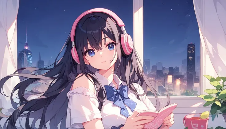  top quality, black hair long hair, girl, headphones , relax ,In front of a large window,Night City, starry sky 