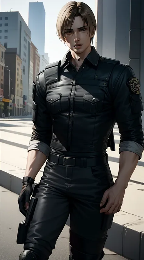 (Highly detailed CG), ( best quality), (Highly detailed CG), ( best quality), (Leon S. Kennedy), (Overall view) SWAT Clothing, Beautiful and attractive young man, Lean and muscular