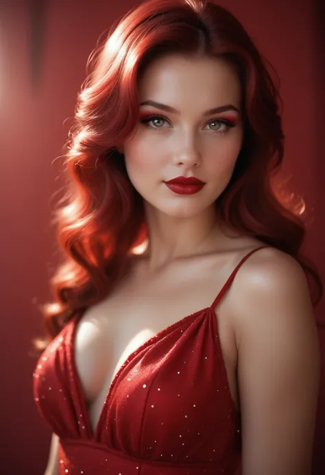 score_9, score_8_up, score_7_up, Western Comics, Portrait, girl, cute, seductive, innocent, light smile:0.3, plump lips, slender body, fit glittered red dress, red hair, silver eyes, red lipstick, red eye shadow, blush, sexy, pure innocence, whore vibe, in...