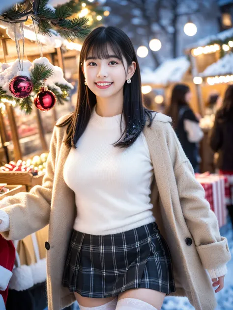 (masterpiece, realistic, photo-realistic:1.2), finely detail, ultra high res, perfect anatomy, best quality, 8K, soft focus, (grin, happy smile:1.3), (2girls, harem, 18yo Japanese girl, awesome detailed girly clothes, wool coat, tight rib knit, plaid short...