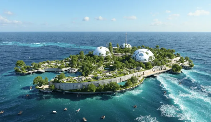 A seagoing futuristic floating island city, self-sufficient and sustainable, harnessing wind, solar, wave motion, and a small fusion reactor. The city features rounded homes to avoid wind resistance, sails for movement, and giant balloons or blimps for har...