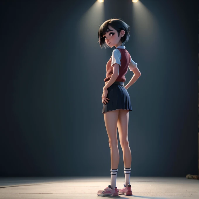 1girl, solo, ldlvghot, short hair, hair ornament, red sweater vest, socks, shoes, pleated skirt, short sleeves, white shirt, black skirt, striped socks, full body, looking at viewer, crass girl, bad girl, naughty face, ((concert)), back view, hands on hips...