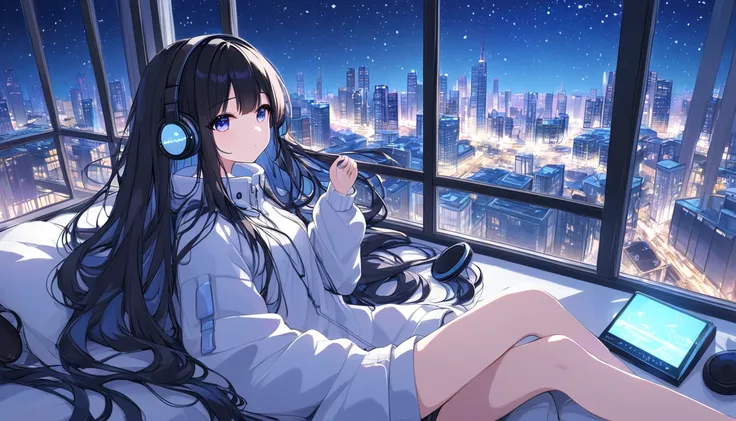  top quality, girl, black hair long hair, headphones , relax ,In front of a large window,Night City, starry sky 