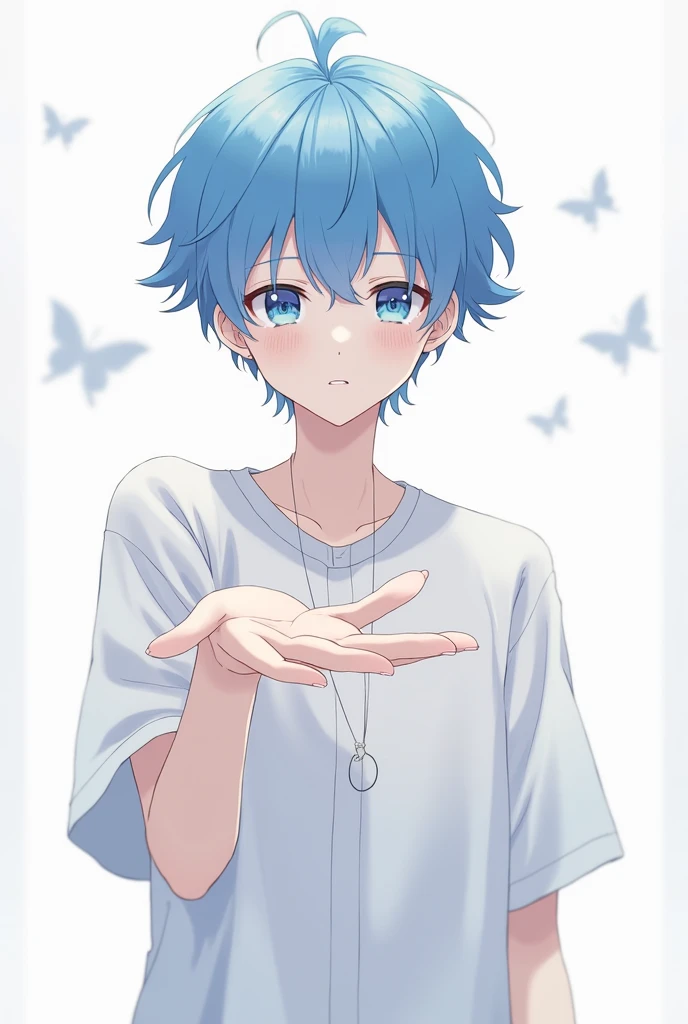  Create for me a blue-haired male anime character with a full body, Young, With the hand turned upwards
