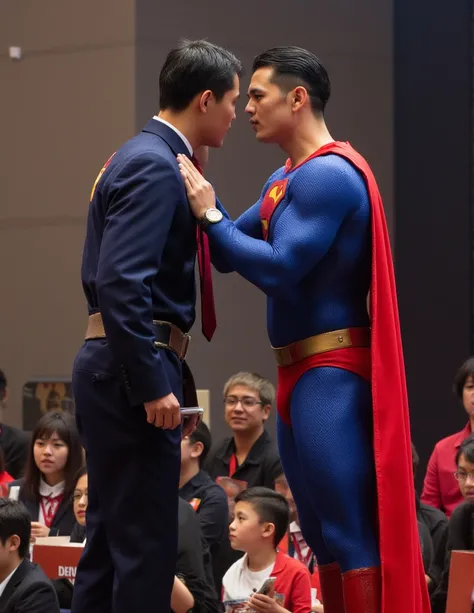 Superman,a 30-year-old a buff man in a superman costume (think movie version of Superman-black undercut, blue tights and red cape and red boots and red briefs) Superman Awards to a Taiwan 28 years-old male college student on a podium of press conference. T...