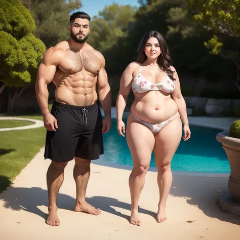 a muscular man and a fat woman,  front view ,  without clothes, outdoors, naked