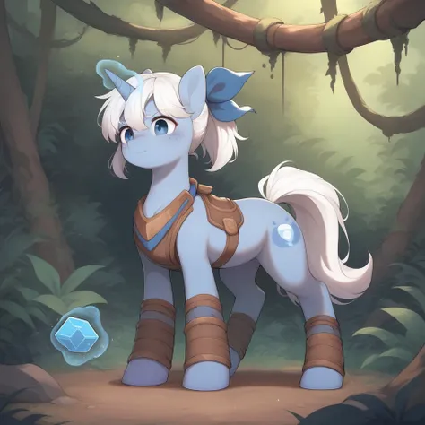 score_9, score_8_up, score_7_up, score_6_up, score_5_up, female, solo, feral unicorn, light gray fur, light gray body, solid white short scruffy hair, white hair, short white ponytail, blue gemstone cutie mark, blue eyes, freckles, sapphire blue bandana, s...