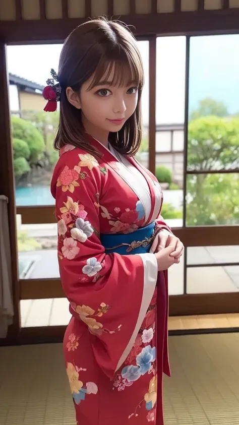 ( multicolored embroidery、 blue kimono、Red kimono、 Luxurious Hair Ornaments、Japanese-style hairstyle with hair tied together、Long-sleeved kimono)、( 1 21-year-old girl 、Medium breast、 slender body )、(Japanese house、 in the room、Veranda)、 Masterpiece:1.3、Ori...