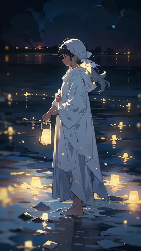 4. Moonlight lakeside：Quiet Lake，Reflect the pure white moonlight， A woman stands quietly by the lake reflecting the pure white moonlight，Moonlight silhouette。