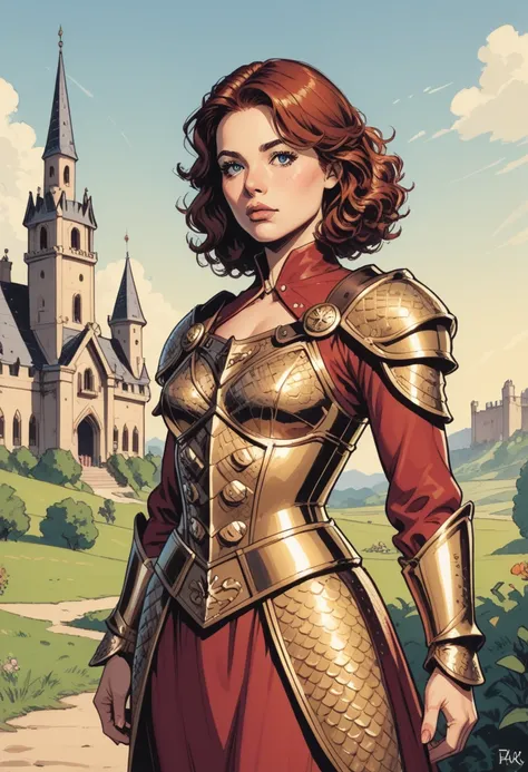 score_9, score_8_up, score_7_up, Western Comics, Cowboy Shot, girl, cute, seductive, innocent, light smile:0.3, plump lips, slender body, bob hair, dressing an high detailed medieval gold armor, gold ornate, gold embedded, glossy gold, high detailed chainm...