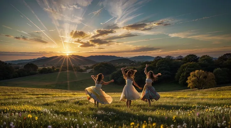 {
  "subject": "Angels, people, and animals dancing joyfully in a glowing celestial meadow, with a radiant dove soaring above symbolizing the Holy Spirit.",
  "background": "A vibrant heavenly landscape filled with golden grass, colorful flowers, and a glo...