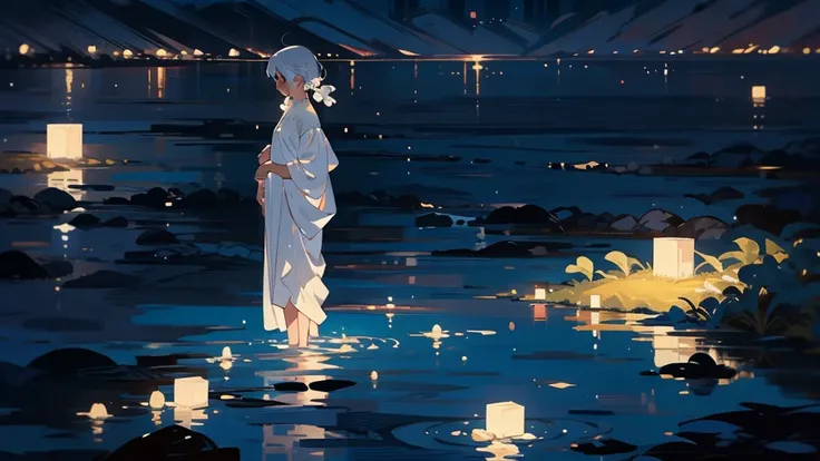 4. Moonlight lakeside：Quiet Lake，Reflect the pure white moonlight， A woman stands quietly by the lake reflecting the pure white moonlight，Moonlight silhouette。