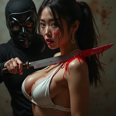 Gorgeous asian woman, huge breasts, white & red leather bikini top, cleavage showing, ponytail, hoop earrings, nipples hard, surprised look, close up of breasts, ghost face mask killer behind her, who is stabbing her in flat muscle belly with large buck st...