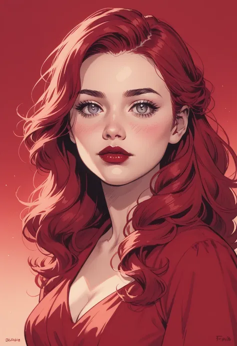 score_9, score_8_up, score_7_up, Western Comics, Portrait, girl, cute, seductive, innocent, light smile:0.3, plump lips, slender body, fit glittered red dress, red hair, silver eyes, red lipstick, red eye shadow, blush, sexy, pure innocence, whore vibe, in...