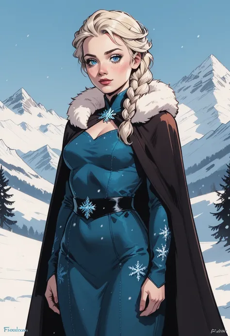 score_9, score_8_up, score_7_up, Western Comics, Cowboy Shot, Elsa of Arendelle, cute, seductive, innocent, light smile:0.3, plump lips, slender body, dark cape, dark dress, fur trim, single braid snowflake pattern, snowy mountain background, depth of fiel...