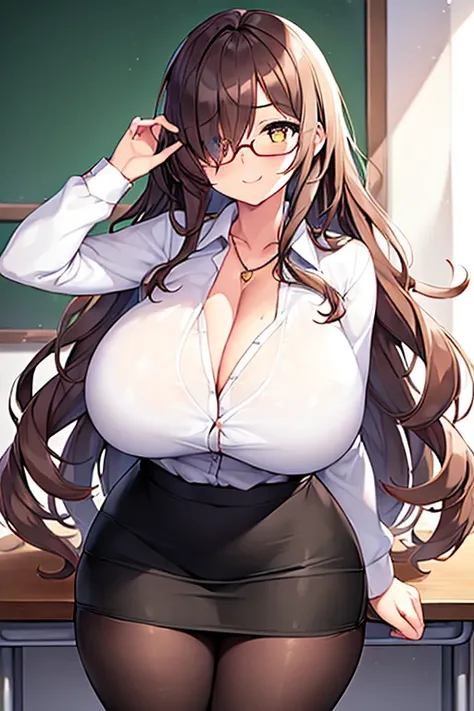 1girl, huge breasts, thick thighs, brown hair, wavy hair, long hair, one eye covered, ((one eye covered)), hair over one eye, classroom, smile, pencil skirt, skirt, mature female, necklace, white shirt, shirt, pantyhose, teacher, glasses, red glasses, clea...