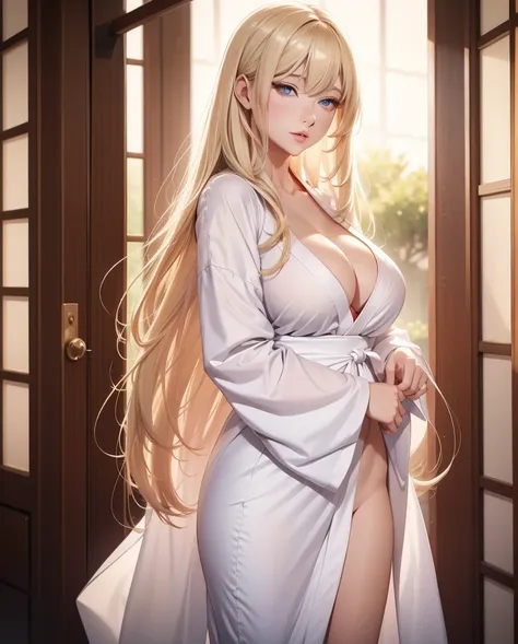  a beautiful girl,  blond hair ,   ruby eyes  ,    glowing eyes  , sexy white kimono outfit, closed lips    ,   long hair,   high resolution,  looking at the camera, breasts, cuerpo completo 