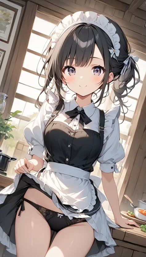  girl、White Toso 、Guided hair 、 beautiful hair、 he stares at me with a strange expression.cute、 shy front 、village、Wooden House、 girl、 has a nice smile、(Panties visible )、((Hairstyle half up))、Bangs up、 innocent smile、black hair、Black and white clothes、 si...