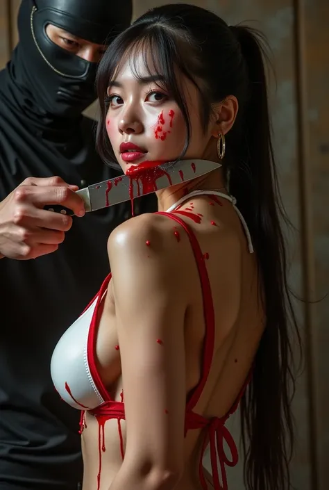 Gorgeous asian woman, huge breasts, white & red leather bikini top, cleavage showing, ponytail, hoop earrings, nipples hard, surprised look, close up of breasts, ghost face mask killer behind her, who is stabbing her in flat muscle belly with large buck st...