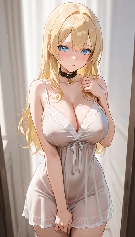 A big breasted milf with Blonde hair, Wearing a silk nightgown, Collar, shy expression, Beautiful strong, firm features, ((Having sex))