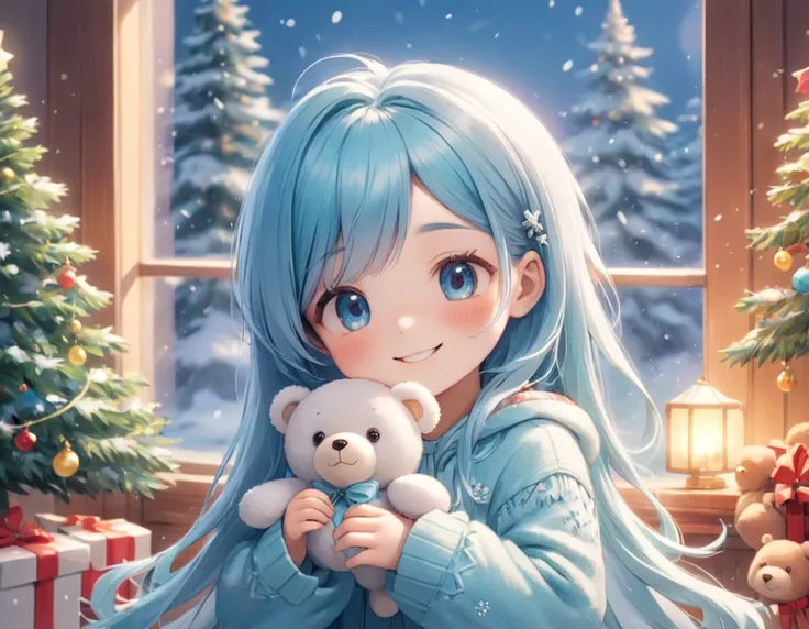  Beautiful long light blue haired little character smiling beside a big Christmas tree  、 I have a teddy bear as a present  、Warm room with fireplace、   Its snowing outside the window   