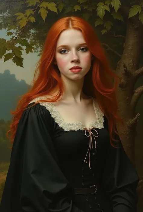 A Renaissance oil painting of a woman, young, nature, pale skin, witch , ginger
