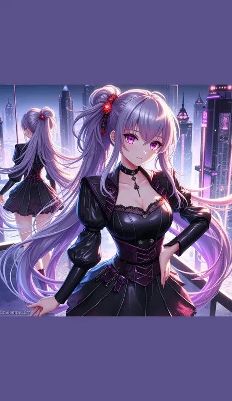  Anime-coated sci-fi base with open garden and special room on the top floor of a futuristic city tower and a beautiful girl with a glamorous style with silver hair on the base and purple hair at the tips of her hair、 A voluminous hairstyle with long strai...