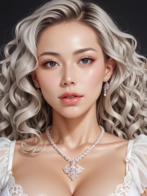 score_9, score_8_Excellent, score_7_Excellent, beautiful women, 18 years old, One Girl ,Alone, blondes_hair,black_eye,very_length_hair,gray_hair, wavy hair ,big_chest,長いhair, Detailed skin texture and pores ,Beautiful mouth and face,  earrings,  necklace,B...