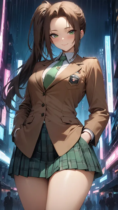 masterpiece, best quality,amazing quality, semi-realistic detailed CG, ultra-detailed,Sharp Focus, Enhance colors to maximum saturation, high contrast, 1girl, detailed green eyes, slightly smile, detailed semi-long hair, dark brown silky hair,  forehead, s...
