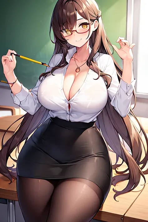 1girl, large breasts, thick thighs, brown hair, wavy hair, long hair, one eye covered, ((one eye covered)), hair over one eye, classroom, smile, pencil skirt, skirt, mature female, necklace, white shirt, shirt, pantyhose, teacher, glasses, red glasses, cle...