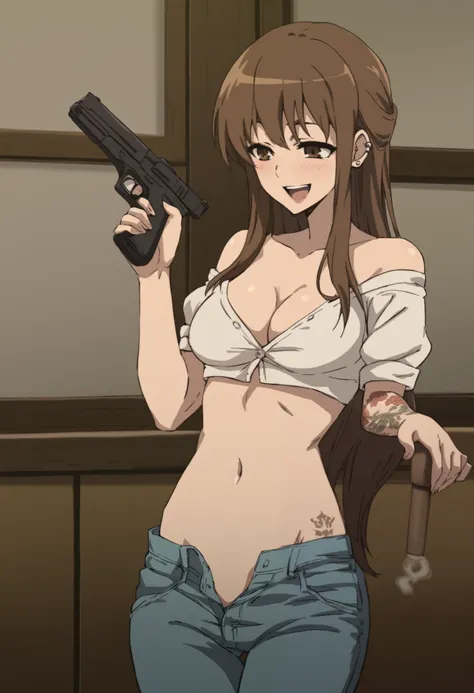 mikami reiko, long hair, brown hair, brown eyes, (straight hair:1.5),  score_9, score_8_up, score_7_up, score_6_up, score_5_up, source_anime, rating_safe, medium breasts,  ear piercing, long hair, blush, lipstick,Hot girl, baddie, smoking, bad attitude, me...