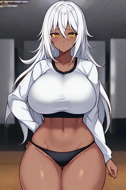 1girl, anime style, 2d, anime screencap, dark skin, black skin, dark-skinned female, white hair, long hair, huge breasts, wide hips, thick thighs, shirt, sportswear, shy, sports bra, screencap, masterpiece, hourglass figure, mature female